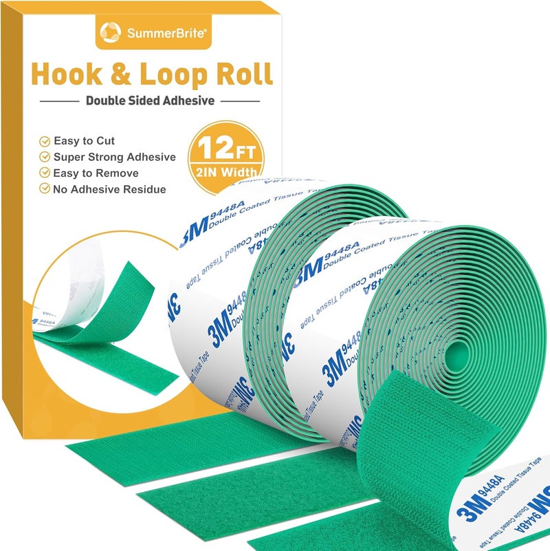 Summerbrite 12Ft x 2 Inch Hook and Loop Tape, Heavy Duty Double-Sided Adhesive Strips, Strong Sticky Back Fastener Roll, Cuttable Interlocking Tape Fasteners for Home, Office, Car, School & DIY Crafts White Green - Image 1